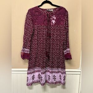 SR Fashion Women Boho Burgundy Dress Long Sleeve Floral Embroidered Bohemian NWT